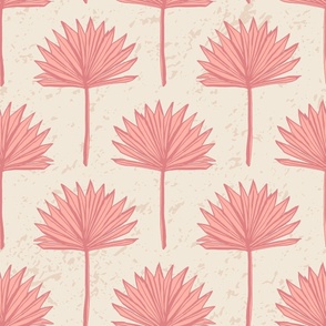 (L) Peach blossom palm fronds on oatmeal background, beach house wallpaper