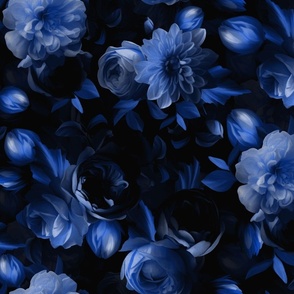 Large- Opulent Midnight Blue Antique Baroque Maximalistic Flowers Romanticism - Gothic And Mystic inspired 