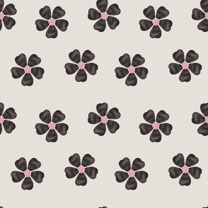Watercolor Black & Pink Daisy Flowers  on Cream 