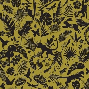 Jungle Animal Scene - Golden Black - Tropical Leaves and Insects