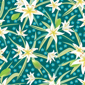 Floriography:  Lilies and Forget-me-nots -Purity and true love- on dark teal - Large scale
