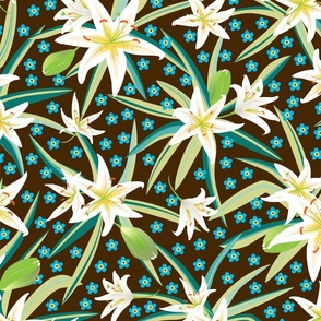 Floriography Lilies and Forget-me-nots on dark brown - Large scale