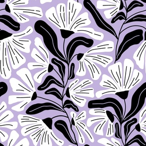 Retro Whimsy floral in black and white on lavender, lilac