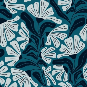 Retro Whimsy Floral in blue gray on deep, teal blue