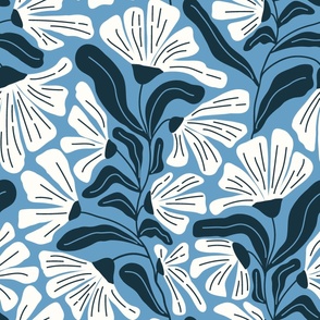 Retro Whimsy Floral in white and charcoal on bright, sky blue