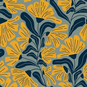 Retro Whimsy Floral in gold, navy on sage green