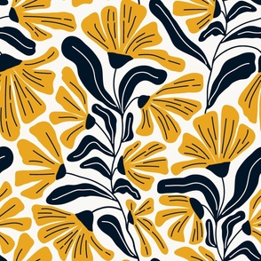 Retro Whimsy Floral in Black and Yellow Gold