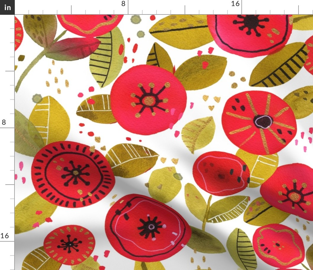 Abstract Red and Gold Watercolor Poppies 