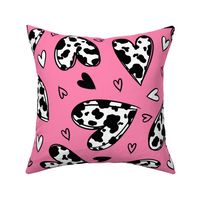 Cow Print Hearts: Black and White on Pink (Large Scale)