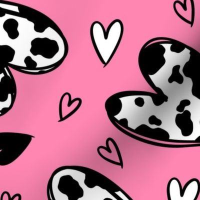 Cow Print Hearts: Black and White on Pink (Large Scale)