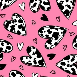 Cow Print Hearts: Black and White on Pink (Medium Scale)