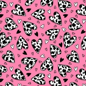 Cow Print Hearts: Black and White on Pink (Small Scale)