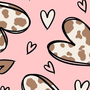 Cow Print Hearts: Brown on Pink (Large Scale)