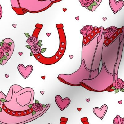 Cowgirl Valentines: Pink and Red on White (Large Scale)