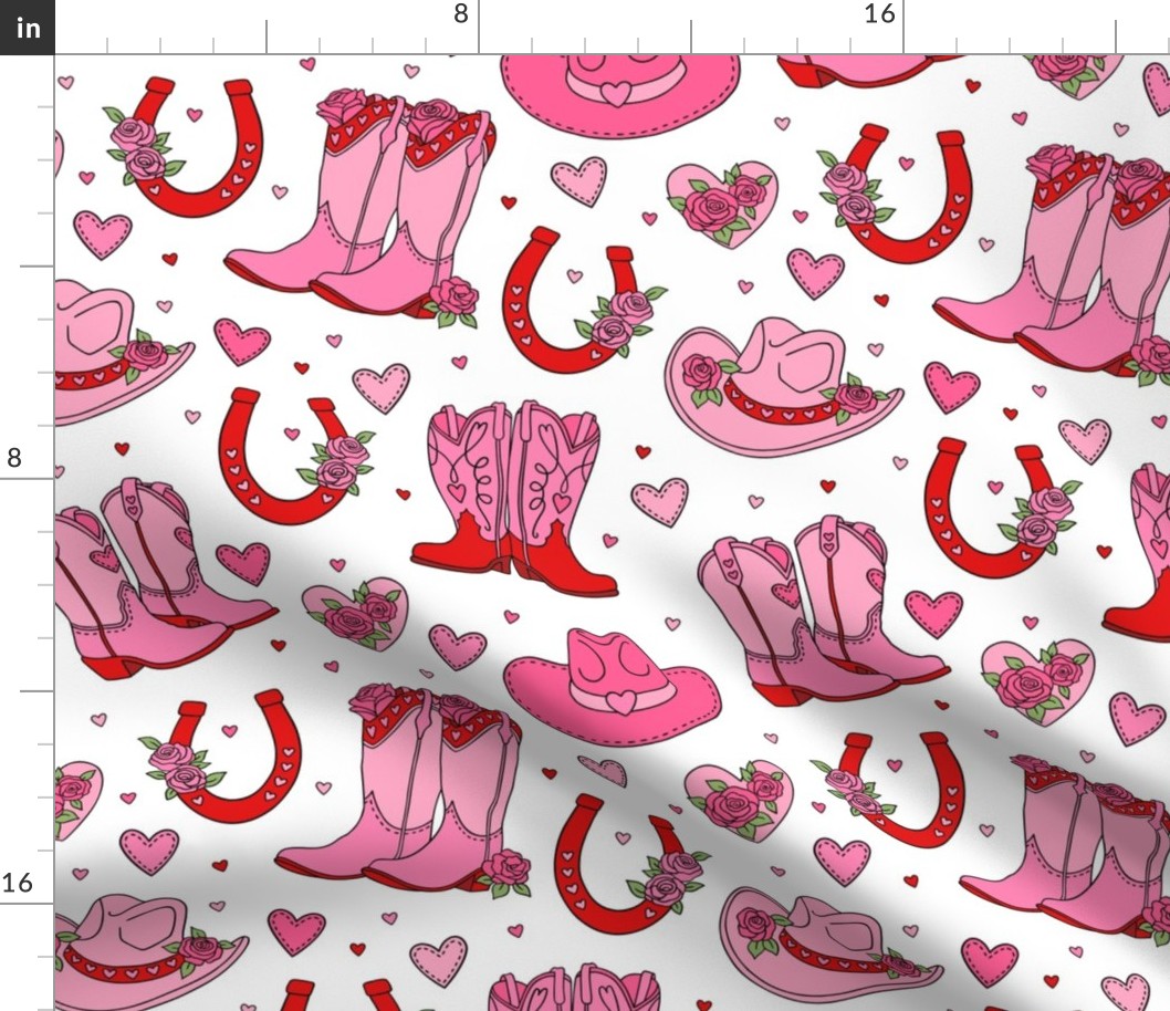 Cowgirl Valentines: Pink and Red on White (Large Scale)