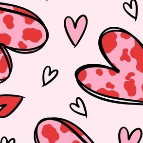 Cow Print Hearts: Pink and Red on Pink (Large Scale)