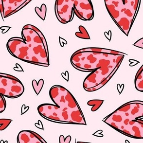 Cow Print Hearts: Pink and Red on Pink (Medium Scale)