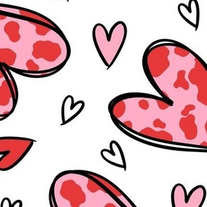 Cow Print Hearts: Pink and Red on White (Large Scale)