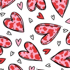 Cow Print Hearts: Pink and Red on White (Medium Scale)