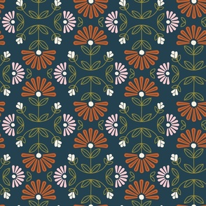 Buds to Blooms, Geometric flowers in navy, pink and red