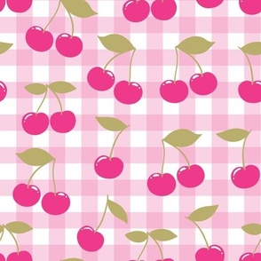 pink cherries on pink gingham pattern  medium scale