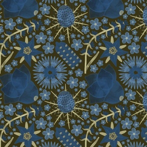 Blue wild flowers on dark green