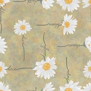 Floriography - Whispering daisies on a green, yellow textured background with stems spelling out words to inspire your space