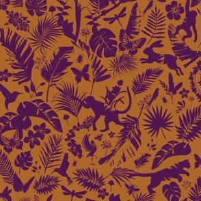 Jungle Scene Pattern - Jungle Animals Plants Flowers - Orange and Purple 