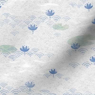 Blue Lotus Block Print | Blue lotuses, water lilies, block printed waves 'seigaiha' pattern in blues and neutrals, bamboo paper texture, calm, tranquil nature wallpaper in blue and gray, rustic decor for Zen garden, yoga and meditation.