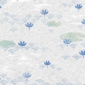 Blue Lotus Block Print | Blue lotuses, water lilies, block printed waves 'seigaiha' pattern in blues and neutrals, bamboo paper texture, calm, tranquil nature wallpaper in blue and gray, rustic decor for Zen garden, yoga and meditation.