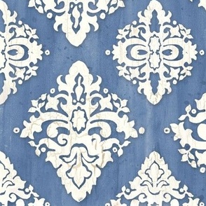 Rustic Damask Block Print  Watercolor Blue and Off White by Audrey Jeanne