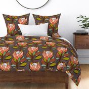 LARGE • Retro Bold King Protea floral Pattern - Floriography 2. Brown, peach fuzz, green