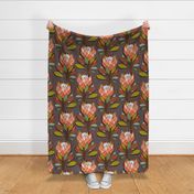 LARGE • Retro Bold King Protea floral Pattern - Floriography 2. Brown, peach fuzz, green