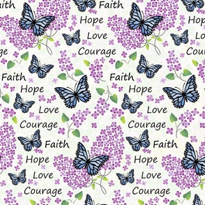 Lilacs & Blue Butterflies, text 5/8" tall