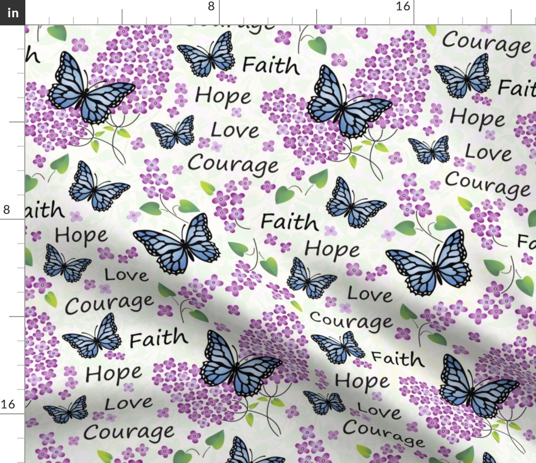 Lilacs & Blue Butterflies, text 5/8" tall