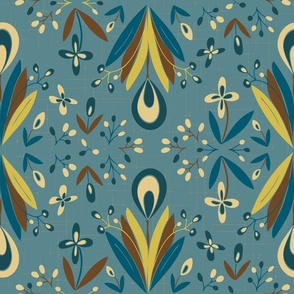  Rosy Floral loopy Spice - with a subtle background texture teal, brown, golden rod. on Bluegreen , ( colors)