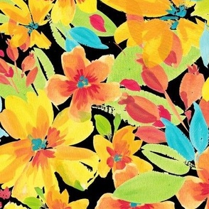 Large/ Florigraphy, vibrant floral in yellow, turquoise teal green, orange, green and black
