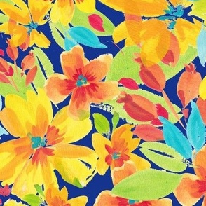 Large/ Florigraphy, vibrant floral in yellow, turquoise teal green, orange, green and black