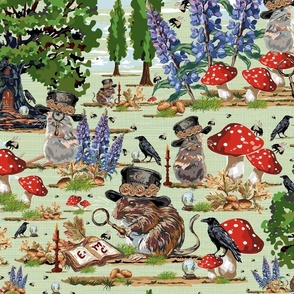 Whimsical Animals Childrens Book Reading Steampunk Fun Maths Mouse, Mystical Mice, Bumble Bees, Crystal Balls and Lupin Flowers on Green (Medium Scale)