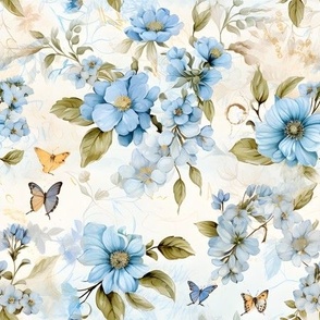 Blue Flowers & Butterflies - medium