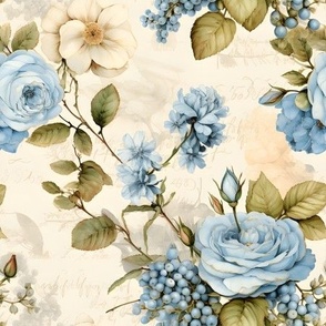 Blue & Ivory Roses on Paper - medium
