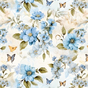 Blue Flowers & Butterflies - large