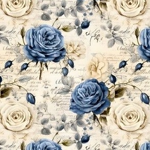 Blue & Ivory Roses on Paper - small