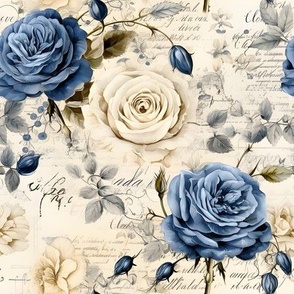 Blue & Ivory Roses on Paper - medium