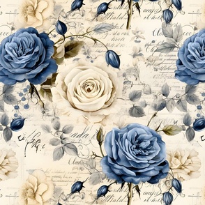 Blue & Ivory Roses on Paper - large