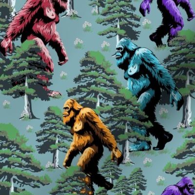 Funny Sasquatch Mythical Creature, Big Foot Pine Tree Forest, Rainbow Colors Fabric, Yeti Monster on Blue, Animal Humor, Quirky Sasquatch Hairy Monster, Wacky Yeti Forest, Curious Funny Mad Weird Sasquatch Forest Woods, Rainbow Colored Monster, Medium 