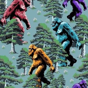 Funny Sasquatch Mythical Creature, Big Foot Pine Tree Forest, Rainbow Colors Fabric, Yeti Monster on Blue (Medium Scale)