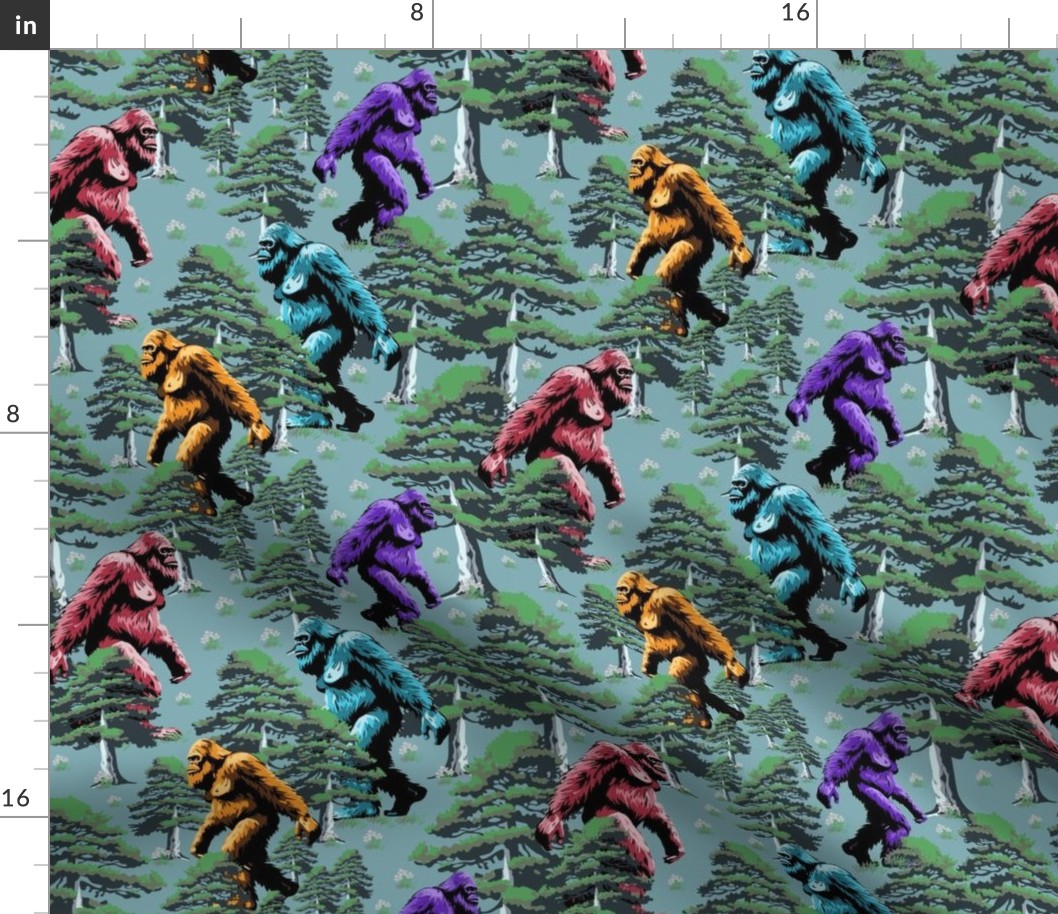 Funny Sasquatch Mythical Creature, Big Foot Pine Tree Forest, Rainbow Colors Fabric, Yeti Monster on Blue, Animal Humor, Quirky Sasquatch Hairy Monster, Wacky Yeti Forest, Curious Funny Mad Weird Sasquatch Forest Woods, Rainbow Colored Monster, Medium 