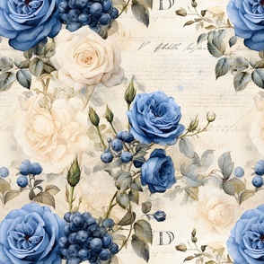 Blue & Ivory Roses on Paper - large