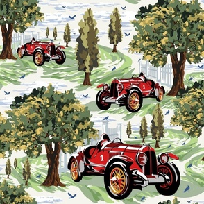 Old Automobile Sports Car, Vintage Red Racing Car, Retro Countryside Village Landscape, Nostalgic Auto Scene (Medium Scale)